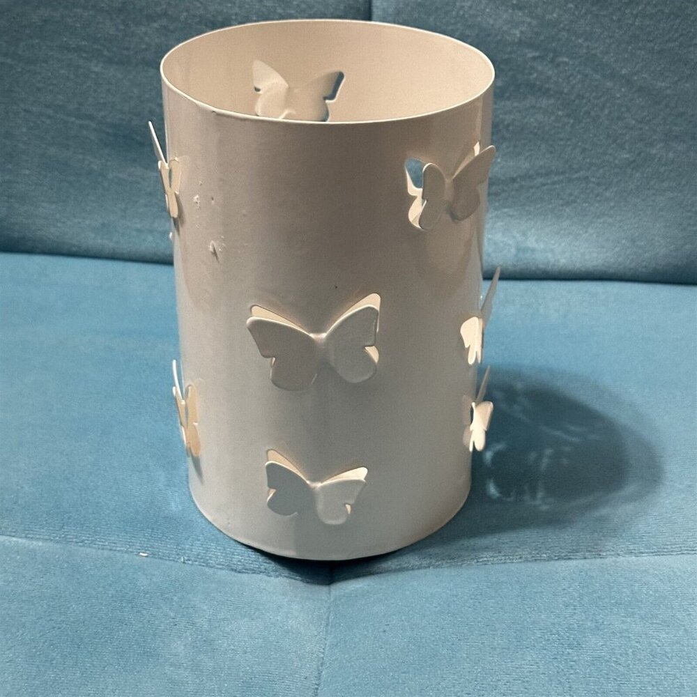 Butterfly Cylinder Candleholder 3D Cut Out White Metal